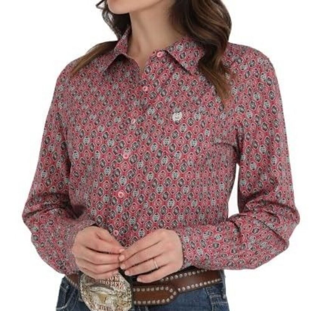 Cinch Women's Long Sleeve Floral Geo Print Button Shirt Pink MSW9163029